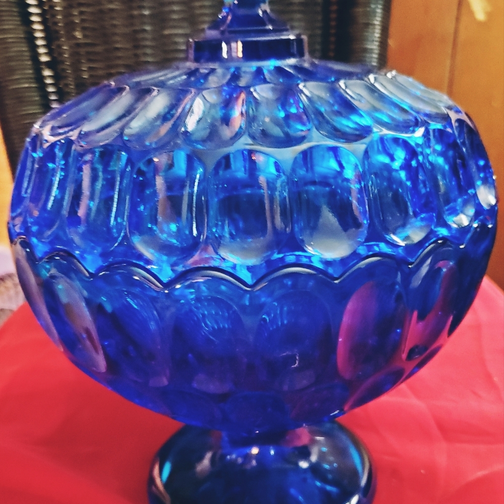Fenton thumbprint blue glass candy dish